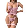 Aranmei Set di lingerie da donna con reggicalze in pizzo floreale, reggiseno push-up e mutandine, rosa, S