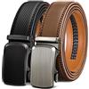 KEMISANT Cintura Uomo 2 Pezzi, Cintura Uomo Pelle Cricchetto Automatica Fibbia 35mm,Trim Regolabile per Adattars(Nero/Tawny-105cm/28-34vita regolabile)