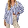 Cicy Bell Camicette da donna a righe, a maniche lunghe, elegante, scollo a V, bottone, tinta unita, casual, Blu, L