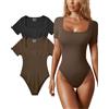 OQQ Bodysuit per Donna 2 Pezzi Maniche Corte Casual Tuta Body Elastico Basic Collo Quadrato Body Nero Marrone
