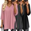 Suilung - Confezione da 3 T-Shirt da Donna Oversize a Maniche a 3/4, Scollo a V, Stile Tunica in Maglia con Spacchi Laterali(XXL,Nero, Grigio Scuro, Rosa)