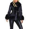 Valtorixia Giacca in pelle scamosciata da donna con colletto in pelliccia sintetica, a maniche lunghe, caldo, invernale, con finiture in pelliccia, parka con cintura, Nero, L