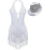 MSemis Abito Ballo Latino Tango Donna con Frange Strass Vestito Danza Classica Moderna con Cappello Body da Ginnastica Ritmica Abito da Danza Samba Rumba Salsa Cha-Cha Bianco S
