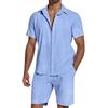 SHEKINI Set di 2 tute da uomo in cotone e lino, a maniche corte, con bottoni, estive, pantaloncini da spiaggia, abbigliamento casual, abbigliamento da notte, pigiama, blu cielo, L