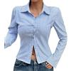 NZYIHAO Camicia da donna a maniche lunghe, a righe, con scollo a V, in cotone, elegante, casual, per ufficio, basic slim fit, Azzurro, M