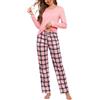 Irdcomps Pigiama Invernale Donna Cotone Pigiami da Donna Invernali Leggero Lungo Set Due Pezzi Maniche Lunghe Scollo Tondo Scozzesi con Tasche Rosa L