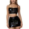 Adigau Set intimo da donna, in pelle sintetica, 3 pezzi, sexy, con spalline regolabili e perizoma con mini gonna Wetlook Outfits Clubwear, Nero , M