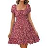 Livonmone Abito estivo da donna, casual, con scollo a cuore, maniche a sbuffo, stampa floreale, a vita alta, stile boho, da spiaggia, mini abiti corti