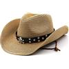 caoxhenr Cappello da cowboy di paglia Panama Woven Sun Cappelli Uomini e Donne Metallo Cranio a tesa larga Cowgirl Western-Hat con cintura, Kh, Taglia