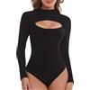 SHAPERIN Body Donna Maniche Lunghe Collo Alto Aderente Bodysuit in Coste con Bottoni Long Sleeve Cutout Front Bodysuits Tops Sexy Nero #3 L