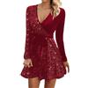 Generico Vestito Donna Elegante Manica Lunga - Vestito da Cerimonia Donna Slim Fit Scollo a V, Vestiti Corto Moda, Dresses Paillettes Affascinante Adatto per La Primavera E L'autunno Rosso M