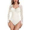 WOWENY Body in Pizzo a Maniche Lunghe da Donna, Sexy con Scollo a V, Elegante, Bodysuit, Camicia a Maniche Lunghe, Slim Fit, Top, T-Shirt, Leotard, bianco, XXL