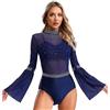 dPois Body da Ballo Latino Americano Donna Manica Svasata Balletto Leotards Body Danza Classica Moderna Abito da Pattinaggio Artistico Bodysuit da Allenamento Dancewear Blu scuro M