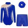 Sinleey Bambina Costume Da Danza A Maniche Lunghe Con Pantaloncini Corti Set Di Elastici Per Capelli Glitter Strass Tuta Da Ginnastica Abbigliamento Per Balletto E Un blu reale 11-12 anni