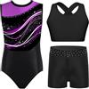 Aislor Set da Ginnastica in 3 Pezzi Bambina Strass Body Ginnastica Ritmica Leotards con Crop Top Canotta e Pantaloncini Shorts Abito da Pattinaggio Artistico Viola 13-14 anni