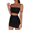 Zesoyne Vestito da donna in 2 pezzi, con spalline sottili, increspato, top corto estivo aderente e minigonna, set da discoteca, Nero , S