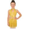 iiniim Vestito da Ballo Latino Salsa per Bambina Body Senza Schienale Abito da Pattinaggio con Paillettes E Frange Costume da Ballo da Competizione Giallo 5-6 Anni