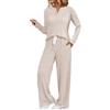 Generic Pigiama Lungo Donna Pigiama Donna Manica Lunga Set da 2 Pezzi da Abiti Autunnali Maglione con Collo Abiti Coordinati E 2025 Caldo Cotone Lungo Cotone Beige M