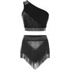 YiZYiF Donna Vestito Latino Americano 2 Pezzi Abito da Ballo Crop Top Monospalla + Pantaloncini con Nappe Tuta Ginnastica Artistica Dancewear Nero S