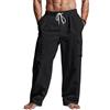 Generic Pantaloni cargo da uomo in cotone e lino, con elastico in vita, pantaloni a gamba larga, leggeri, traspiranti, per vacanze estive e spiaggia, Nero , XL