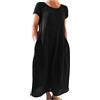 PAIDAXING Abito estivo da donna, in lino, con scollo rotondo, maniche a 3/4, con tasche, vita alta, in cotone e lino, per lavoro, vacanze, A2-nero., XXXL