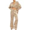 Generic Set pigiama da donna a maniche lunghe, pigiama in raso da donna, set pigiama a maniche lunghe, pigiama in seta blu taglie forti a gamba larga, abbigliamento da notte alto con accappatoio da salotto
