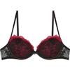 YAMAMAY - Reggiseno Balconcino con Ferretto Donna Nero e Rosso,Decoro Floreale, 87% Poliammide 13% Elastan
