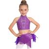 renvena Vestito da Ballo Latino Americano Bambina Strass Crop Top Danza Classica Moterna Canotta e Gonna con Piume Abito da Ballo Lirico Contemporaneo Viola 13-14 Anni