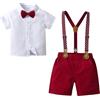 Yimutian Completo Cerimonia Bambino, Ragazzo Camicia con Manica Corta + Papillon + Pantaloncini con Bretelle 4 Pezzi per Nozze Compleanno Matrimonio Partito Rosso 2-3 anni