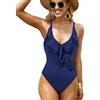 JFAN Costume da Bagno Intero Donna con Scollo A V Volant Stampa A Foglie Costumi da Mare Controllo della Pancia Un Pezzo Navy Blu X-Large