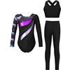 Aislor Ragazze Tuta Ginnastica Artistica Body Danza Classica Maniche Lunghe Leotards Reggiseno Sportivo con Pantaloni Leggins Completo Sportivo da Yoga Fitness Viola 7-8 anni