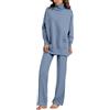 Generic Pigiama in flanella da donna invernale tinta unita a maniche lunghe a collo alto, maglione a gamba larga, versione casual da indossare a casa, set da donna invernale elegante, Blu, Taglia unica