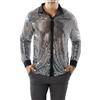 EasyByMall Camicia da uomo in stile discoteca retrò anni '70, con paillettes scintillanti e colletto con risvolto, maniche lunghe (M, argento)