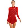 CHICTRY Patchwork Vestito Danza Classica Donna Paillettes Body da Pattinaggio Artistico Leotards Body da Balletto Manica Lunga Abito da Jazz Latino Danza Moderna Rosso L