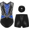 Riismen Bambina Glitter Tutù Pezzi Leotard Color Block Con Shorts E Fascia Per Capi Senza Maniche Costume Ginnastica Acrobatica Pattinaggio Artistico Body Danza Blu e nero 9-10 anni