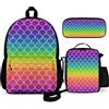 FJAUOQ Zaini per bambini Rainbow Mermaid Scales Kids Backpack Set 3 Piece Back To School 16 Inch Book Bag with Lunch Bag Pencil Case For Boys Girls 1-6th Grade