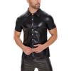 xokesy Camicia sexy da uomo in pelle laccata lucida, a maniche corte, morbida, per il tempo libero, con risvolto, abbigliamento da club, maglietta elastica nera con bottoni, Nero , M