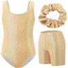 Ewbob Set da ginnastica da bambina, 3 pezzi, UPF 50+, senza maniche, con pantaloncini e fascia per capelli, per danza classica, per bambini dai 3 ai 12 anni, dorato, 9-10 Years