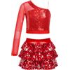 MSemis Vestito da Balletto Ballo Latino Americano Bambina Crop Top Danza Moderna Jazz Monospalla Minigonna di Paillettes Culottes Abito da Pattinaggio Artistico Dancewear Rosso 7-8 Anni