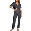 Lovasy Pigiama Donna Estivo Set Cotone Camicia con Bottoni Comodo Pantaloni Lunghi Manica Corta Aperto Davanti Lungo,Grigio Scuro,M