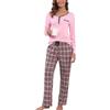 Yukiuiny Donna Pigiami Due Pezzi per Primavera Autunno: Maglia Collo V e Maniche Lunghe + Pantaloni a Quadri-Bottoni Collo V/Rosa/XL