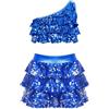 Riismen Vestito da Ballo Bambina Latino Americano Paillettes Abito da Ballo Tutu Monospalla Crop Top Tango Costume Salsa Jazz Dancewear Artistico Vestito da Pattinaggio Blu Reale 5-6 Anni