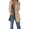 Generisch Blazer, giacca lunga da donna per le mezze stagioni, elegante, tinta unita, a maniche lunghe, con risvolto, con tasca e bottoni, casual, per affari, ufficio, lavoro, aperto davanti, beige