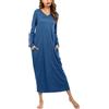 Sykooria Camicia da Notte Manica Lunga Donna a V Camice da Notte in Cotone Lungo Camicia da Notte Invernale con Tasche,Pigiama Comodo Ampio Tinta Unita Abbigliamentoda Casa Zaffiro L