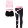 YEAHDOR 3-Set Completo Sportivo Bambina Tuta Ginnastica Artistica Crop Top Reggiseno Sportivo + Pantaloni da Jogging Leggings Sportivi + Pantaloncini Sportwear A Rosa 13-14 anni