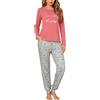 Sykooria Pigiama Donna Invernale Pigiama Donna Cotone Leggero Pigiama Lungo Donna Caldo Pantaloni Lunghi Casual con Tasca e Top con Motivo a Carino Due Pezzi Rosa+Grigio M