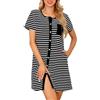 Lovasy Camicia da Notte in Cotone Donna Camicia da Notte Manica Corta a Righe Scollo a V Sexy Sottoveste Curvy con Bottoni Davanti Abito da Notte Estiva con Tasche A Nero S