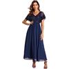 Ever-Pretty Vestito da Sera Mamma Lungo Chiffon Linea ad A Scollo a V Maniche Corte Chic Abito da Cerimonia Blu Navy 46