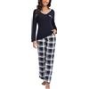 Yukiuiny Donna Pigiami Due Pezzi per Primavera Autunno: Maglia Collo V e Maniche Lunghe + Pantaloni a Quadri-Collo V/Blu Marino/L