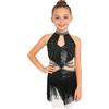 TiaoBug Costume da Ballo Latino Americano Tango Bambina con Frange Paillettes Vestito da Danza Classica Moderna con Nappe Strass Abito da Pattinaggio Artistico Lucido Nero 7-8 Anni